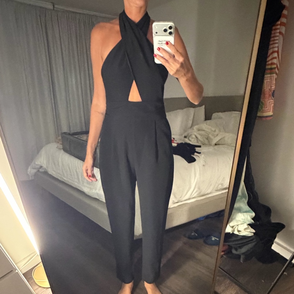 Milly Black Halter One-Shoulder Cutout Jumpsuit